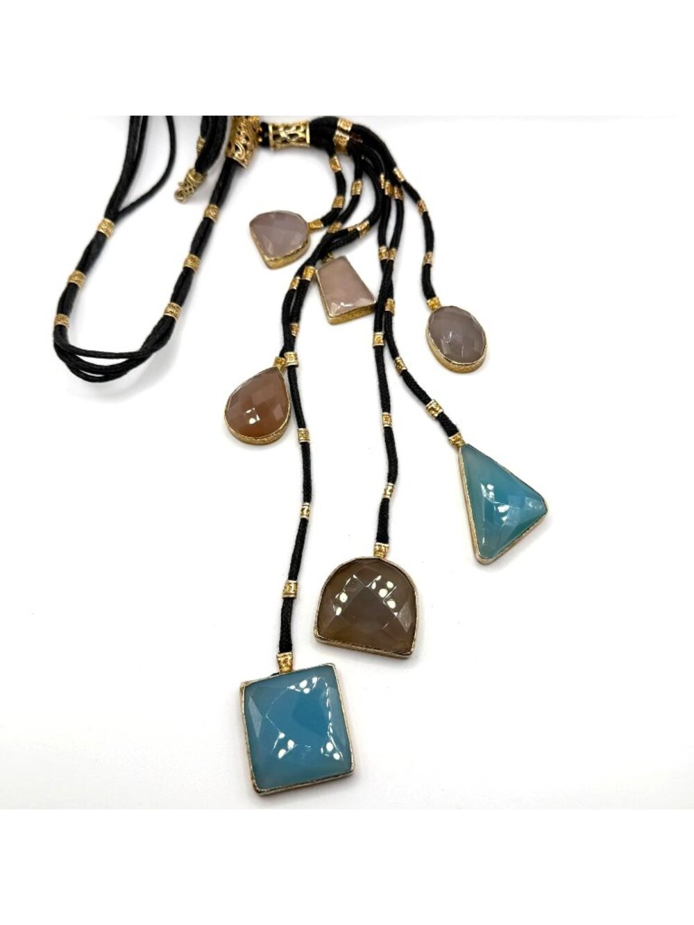 Multi-Stone Pendant Necklace Black Cord & Gold Accents By Vita 925 Sterling Silv